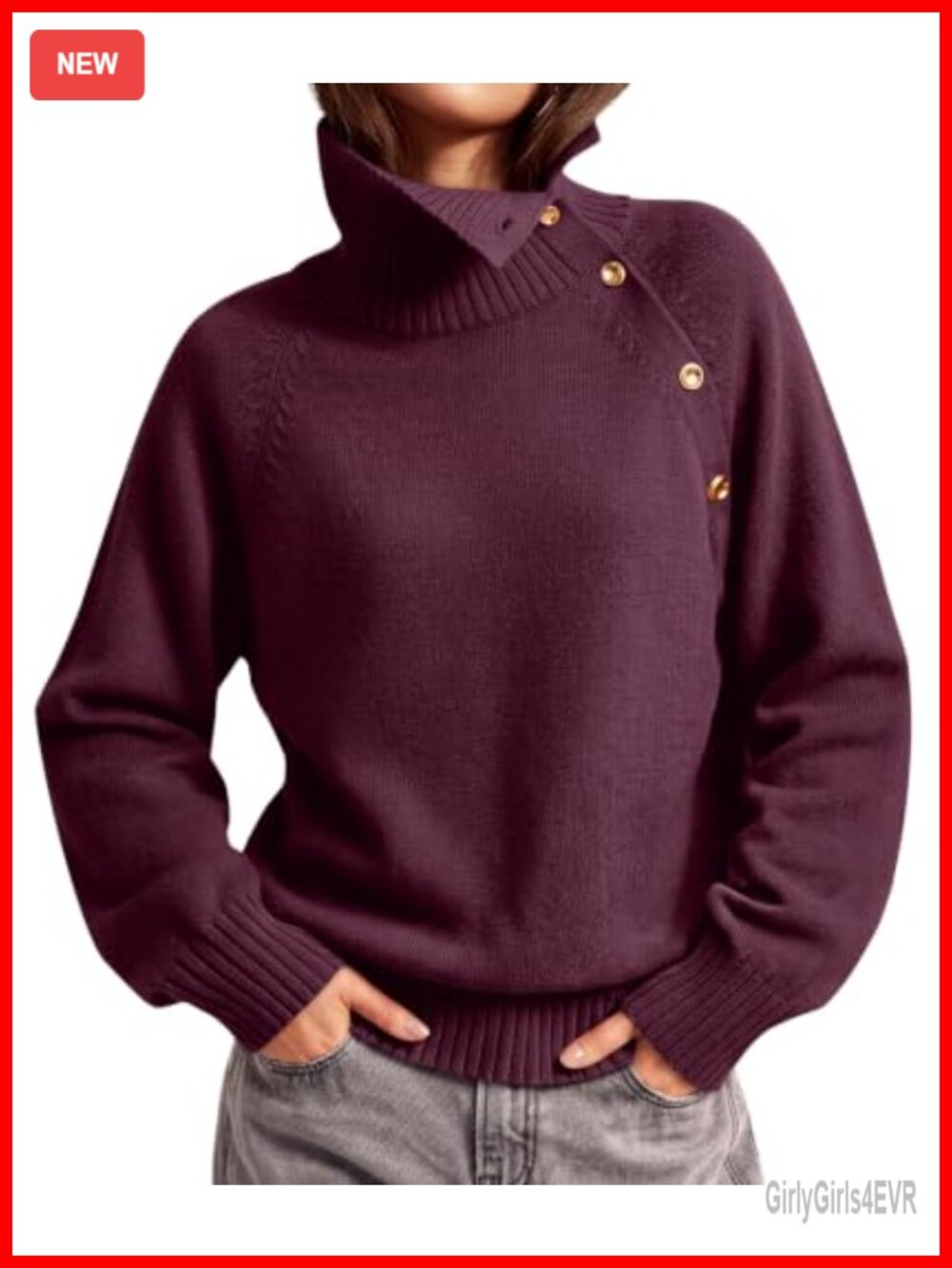 Women's Oversized Turtleneck Knit Sweater with Gold Buttons, 3-Way Style,
